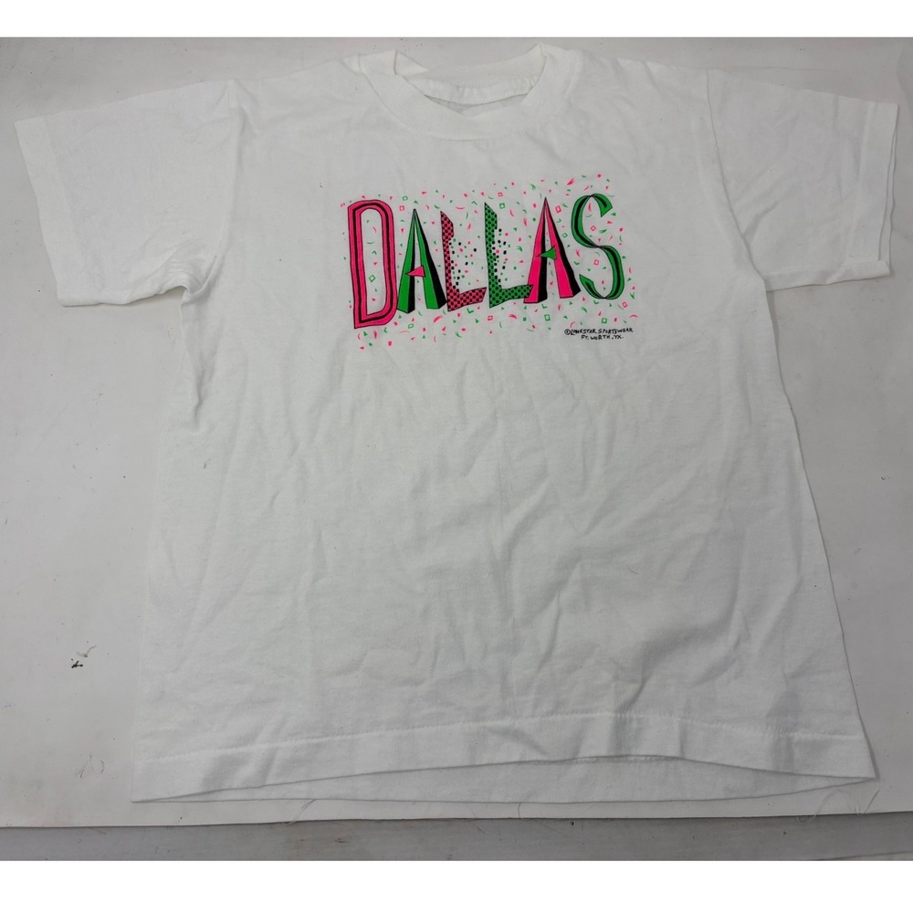 Vintage Dallas Texas Souvenir T-Shirt Kids White Neon Pink Green 90s Retro Tee